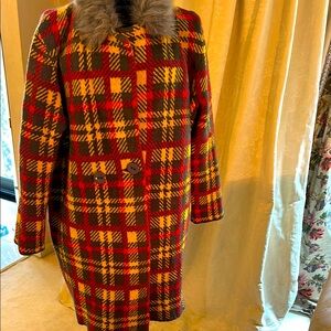 Michelle Nicole Red and Yellow Plaid Pea Coat with Faux Fur Collar